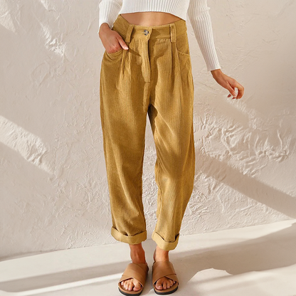 Women’s Corduroy Trousers – High Waist – Relaxed Fit – Pleated Front – Tapered Leg