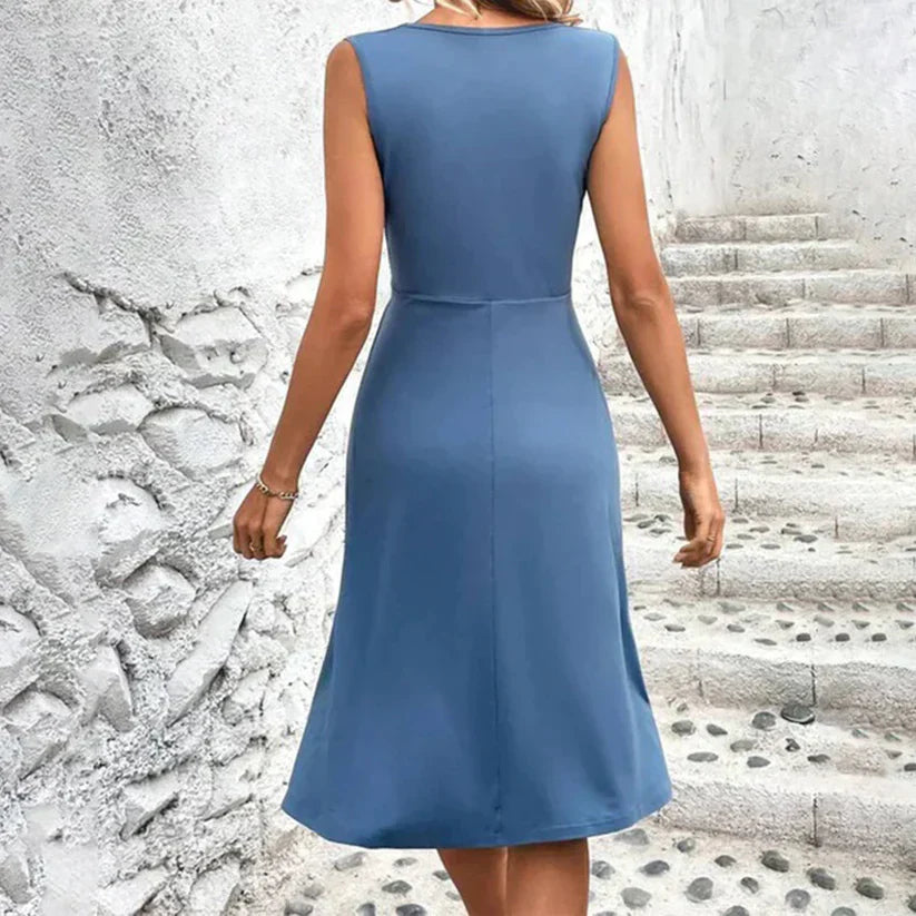 Women’s Midi Dress – Tailored A-Line Fit – V-Neck Wrap – Sleeveless – Breathable Blend