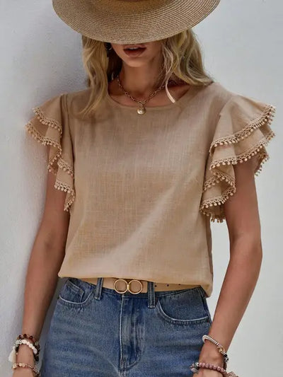 Women's eira  ruched cap sleeve round neck blouse