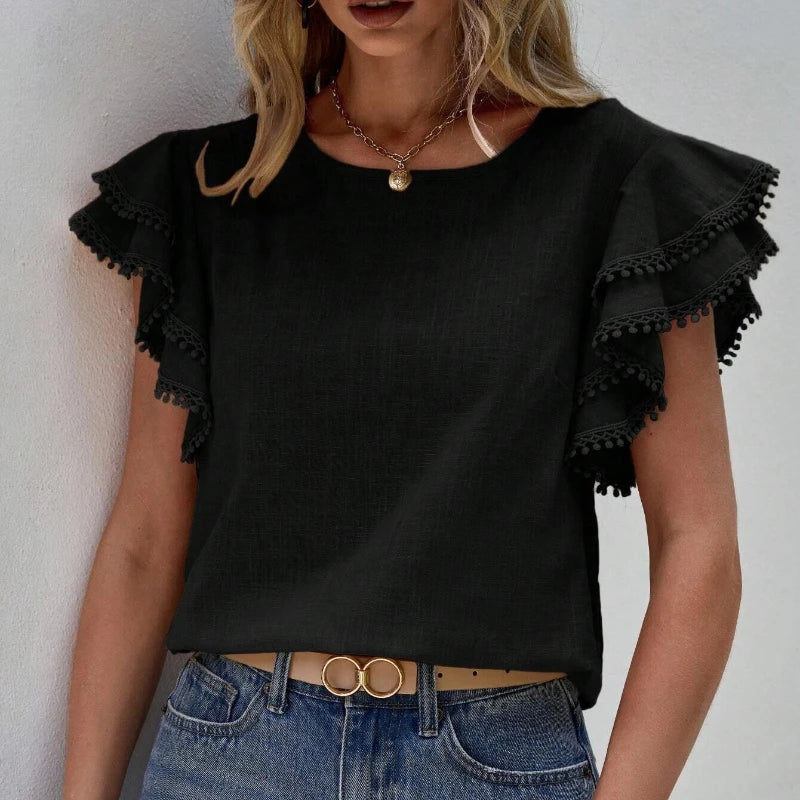 Women's eira  ruched cap sleeve round neck blouse