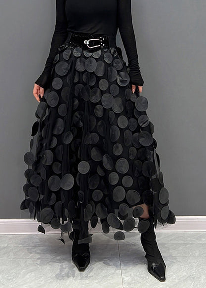 Women’s A-Line Midi Skirt – Layered Tulle – Voluminous Fit – Circular Appliqués – Belted Waist