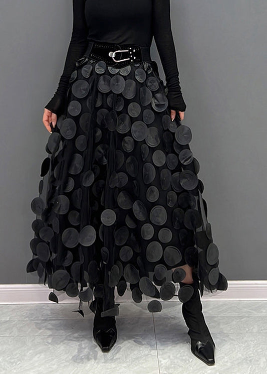 Women’s A-Line Midi Skirt – Layered Tulle – Voluminous Fit – Circular Appliqués – Belted Waist