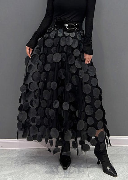 Elegant Tulle Patchwork Skirt for Women - Black Polka Dot Midi