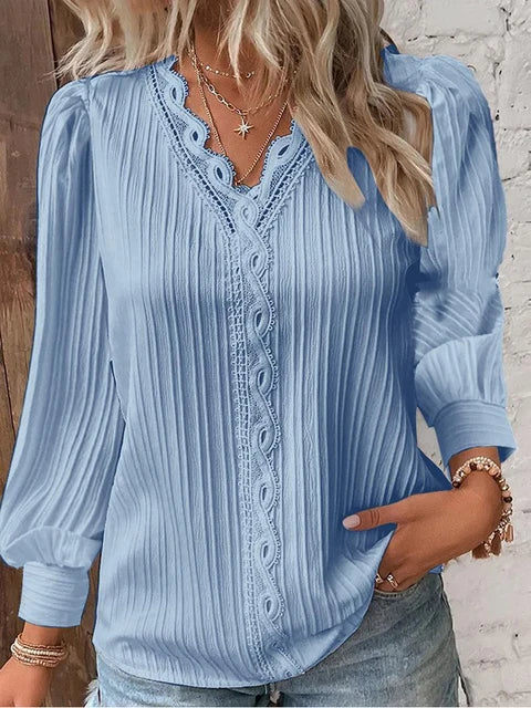Women's Blouse - V-Neck Lace Trim - Long Puff Sleeves - Pleated Relaxed Fit