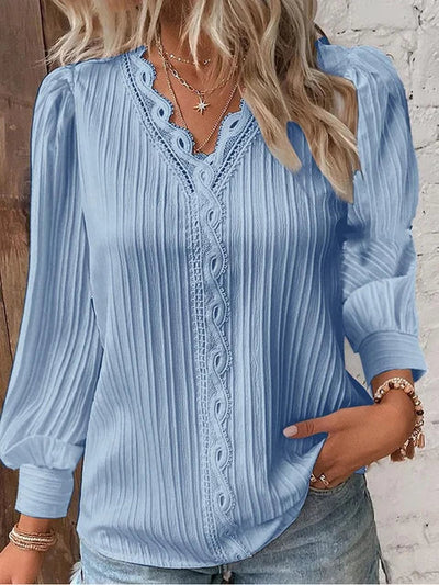 Women's Blouse - V-Neck Lace Trim - Long Puff Sleeves - Pleated Relaxed Fit