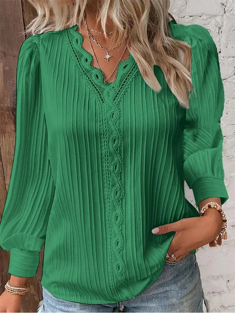 Women's Blouse - V-Neck Lace Trim - Long Puff Sleeves - Pleated Relaxed Fit
