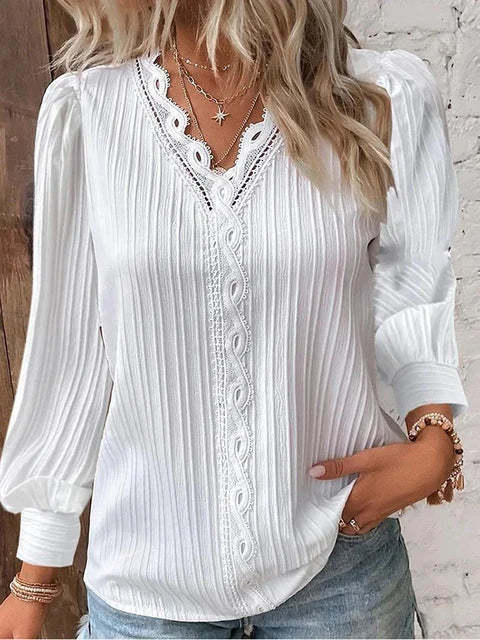 Women's Blouse - V-Neck Lace Trim - Long Puff Sleeves - Pleated Relaxed Fit