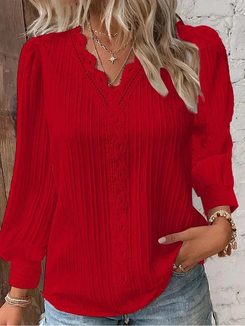 Women's Blouse - V-Neck Lace Trim - Long Puff Sleeves - Pleated Relaxed Fit