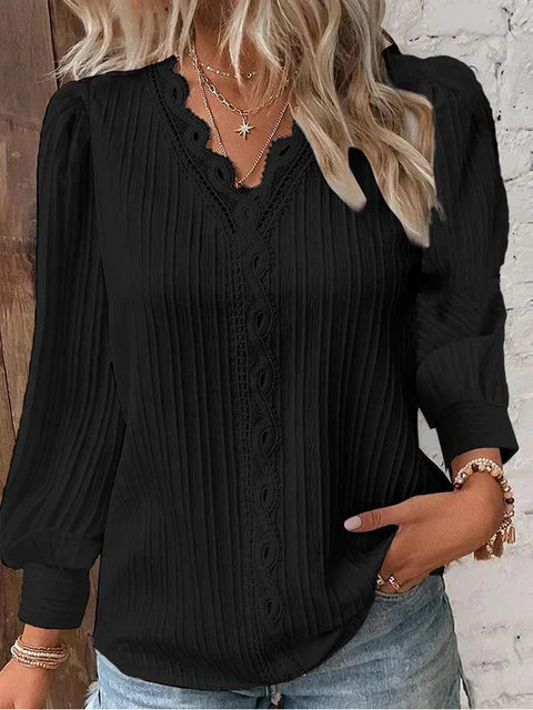 Women's Blouse - V-Neck Lace Trim - Long Puff Sleeves - Pleated Relaxed Fit
