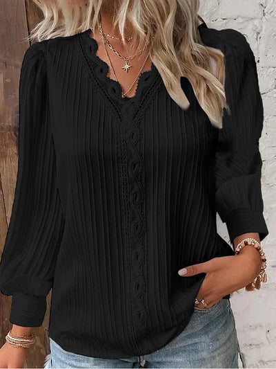 Women's Blouse - V-Neck Lace Trim - Long Puff Sleeves - Pleated Relaxed Fit