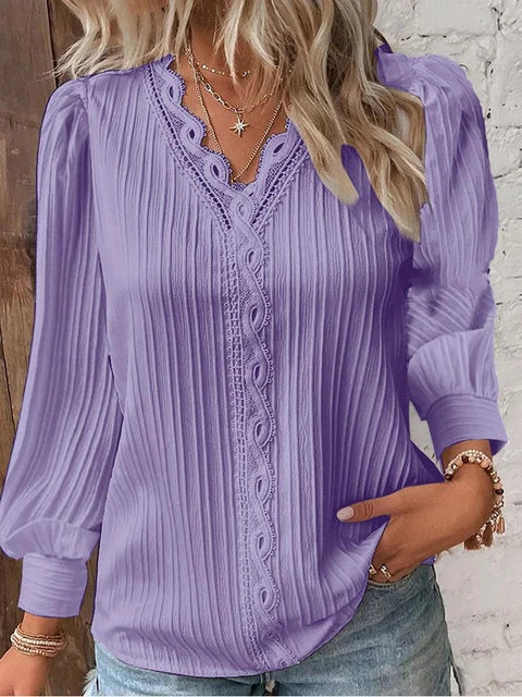 Women's Blouse - V-Neck Lace Trim - Long Puff Sleeves - Pleated Relaxed Fit