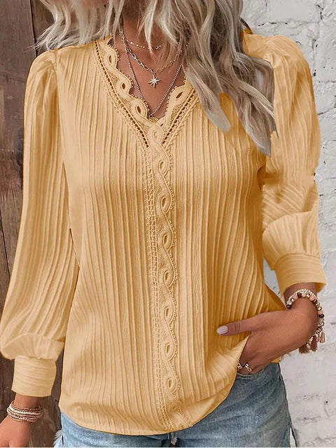 Women's Blouse - V-Neck Lace Trim - Long Puff Sleeves - Pleated Relaxed Fit