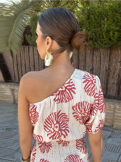 Women’s Mini Dress – One Shoulder – Relaxed Fit – Cotton Blend – Bold Print