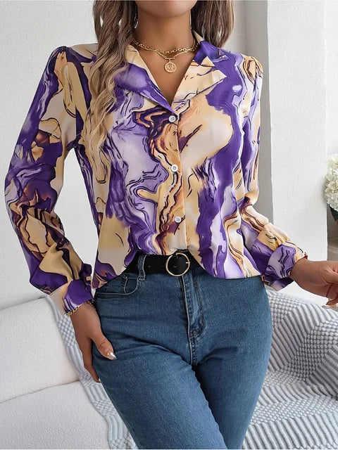 Women's Tie-Dye Marble Print Long Sleeve Blouse