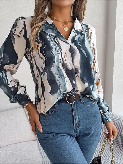 Women's Tie-Dye Marble Print Long Sleeve Blouse