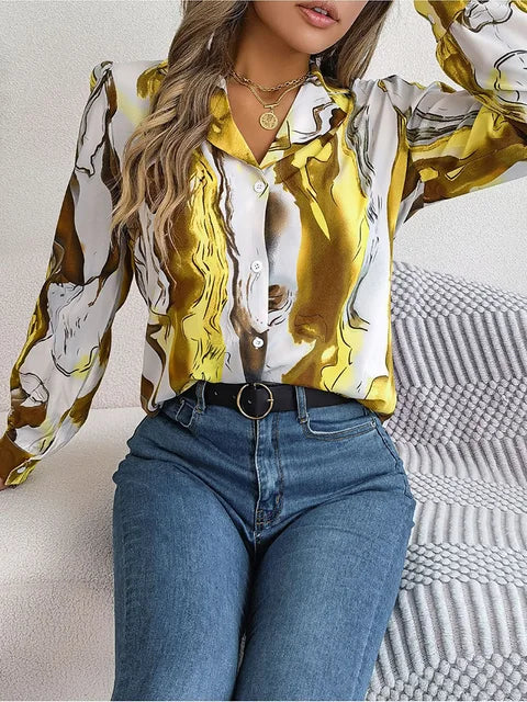 Women's Tie-Dye Marble Print Long Sleeve Blouse