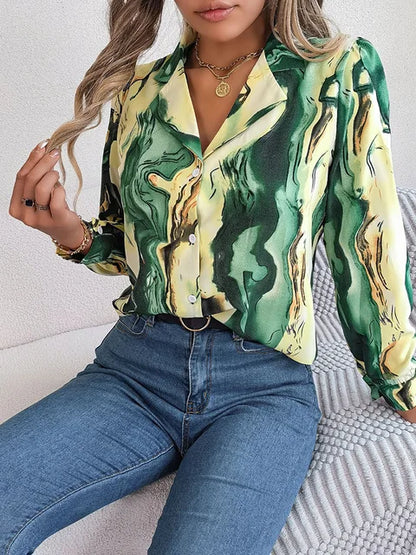 Women's Tie-Dye Marble Print Long Sleeve Blouse