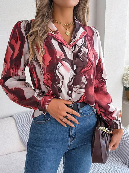 Women's Tie-Dye Marble Print Long Sleeve Blouse