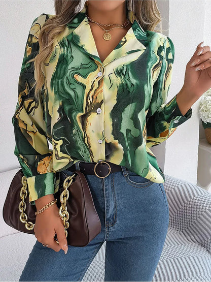 Women's Tie-Dye Marble Print Long Sleeve Blouse