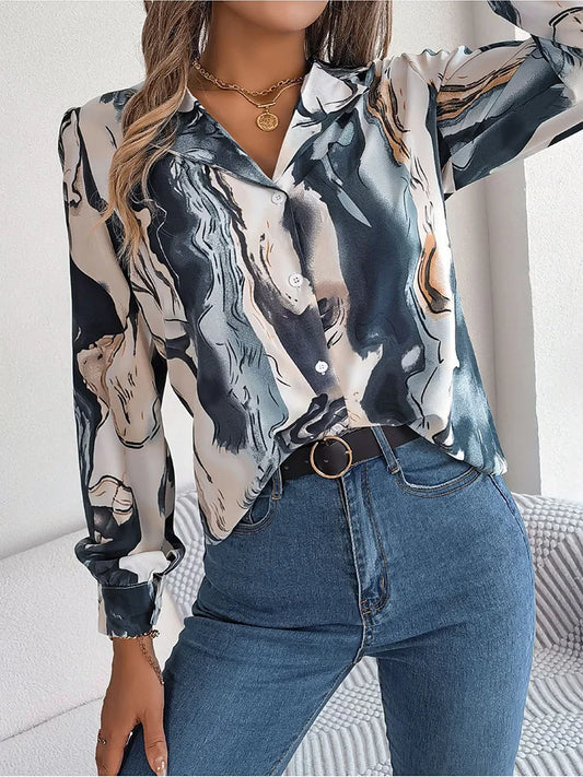 Women's Tie-Dye Marble Print Long Sleeve Blouse