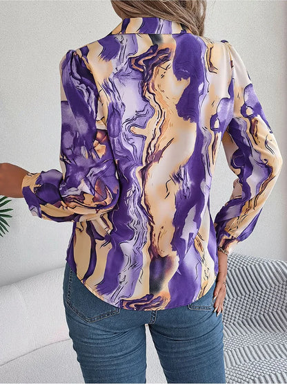 Women's Tie-Dye Marble Print Long Sleeve Blouse