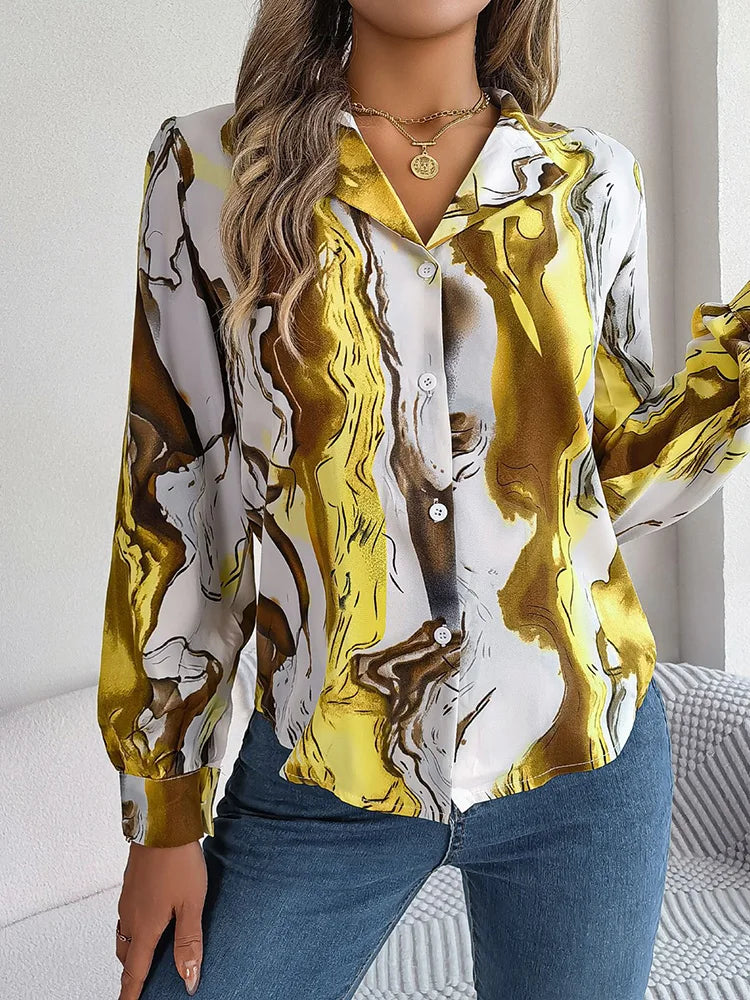 Women's Tie-Dye Marble Print Long Sleeve Blouse