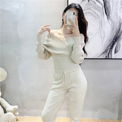 Women's Ribbed Knit Loungewear Set - V-Neck Sweater & Jogger Trousers - Soft Knit Casual Wear