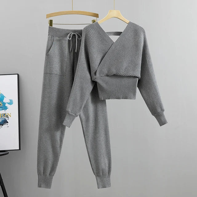 Women's Ribbed Knit Loungewear Set - V-Neck Sweater & Jogger Trousers - Soft Knit Casual Wear