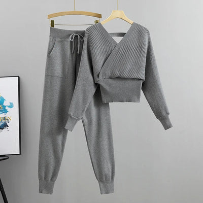Women's Ribbed Knit Loungewear Set - V-Neck Sweater & Jogger Trousers - Soft Knit Casual Wear