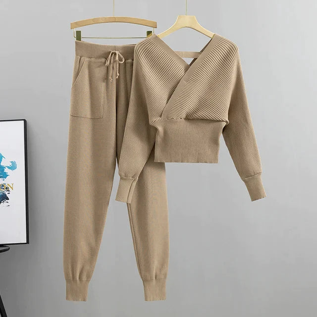 Women's Ribbed Knit Loungewear Set - V-Neck Sweater & Jogger Trousers - Soft Knit Casual Wear