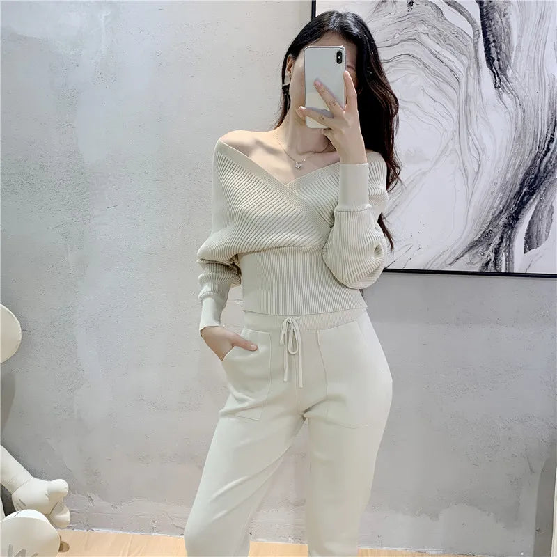 Women's Ribbed Knit Loungewear Set - V-Neck Sweater & Jogger Trousers - Soft Knit Casual Wear