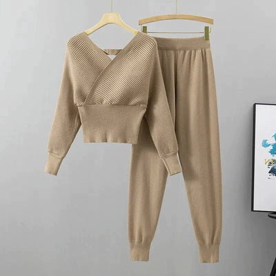 Women's Ribbed Knit Loungewear Set - V-Neck Sweater & Jogger Trousers - Soft Knit Casual Wear