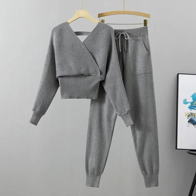 Women's Ribbed Knit Loungewear Set - V-Neck Sweater & Jogger Trousers - Soft Knit Casual Wear