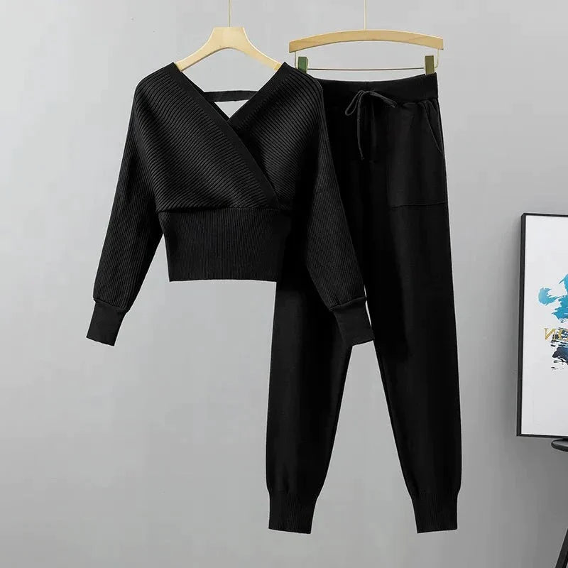 Women's Ribbed Knit Loungewear Set - V-Neck Sweater & Jogger Trousers - Soft Knit Casual Wear