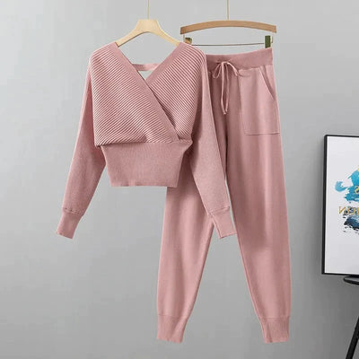 Women's Ribbed Knit Loungewear Set - V-Neck Sweater & Jogger Trousers - Soft Knit Casual Wear