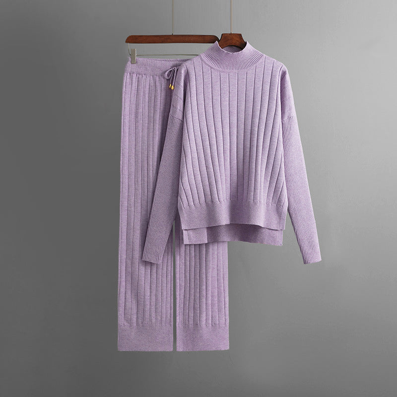 Women's Knitted Two-Piece Set - Turtleneck Sweater & Trousers - Ribbed Knit - Relaxed Fit