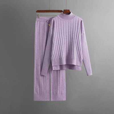 Women's Knitted Two-Piece Set - Turtleneck Sweater & Trousers - Ribbed Knit - Relaxed Fit