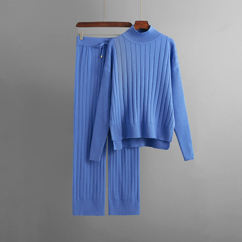 Women's Knitted Two-Piece Set - Turtleneck Sweater & Trousers - Ribbed Knit - Relaxed Fit