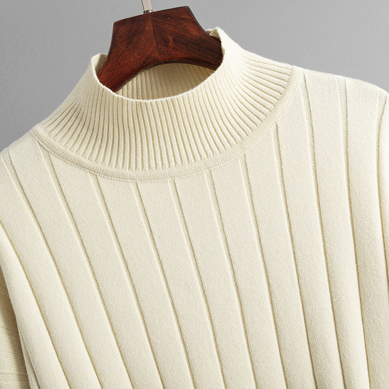 Women's Knitted Two-Piece Set - Turtleneck Sweater & Trousers - Ribbed Knit - Relaxed Fit