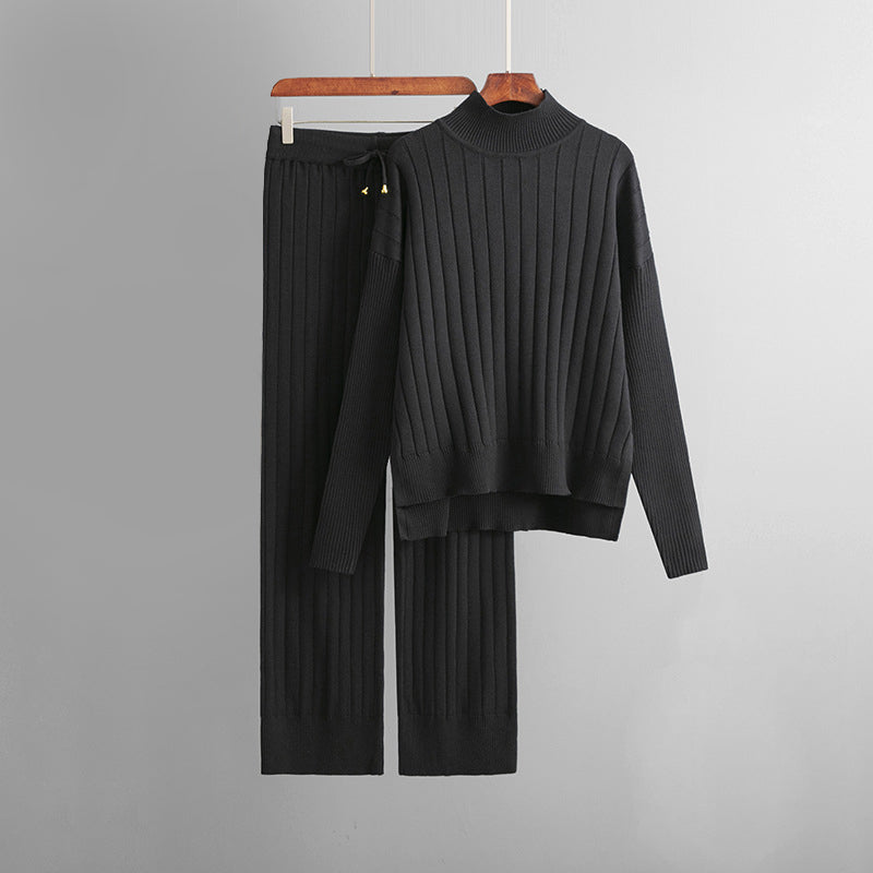 Women's Knitted Two-Piece Set - Turtleneck Sweater & Trousers - Ribbed Knit - Relaxed Fit