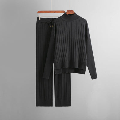 Women's Knitted Two-Piece Set - Turtleneck Sweater & Trousers - Ribbed Knit - Relaxed Fit
