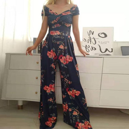 Women's Floral Jumpsuit - Off-Shoulder - Wrap Bust - Wide-Leg Elegant Fit