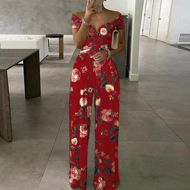 Women's Floral Jumpsuit - Off-Shoulder - Wrap Bust - Wide-Leg Elegant Fit