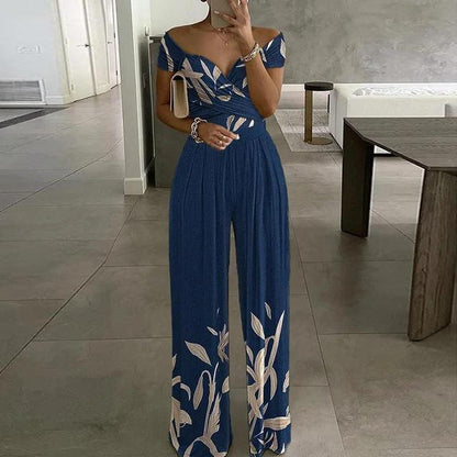 Women's Floral Jumpsuit - Off-Shoulder - Wrap Bust - Wide-Leg Elegant Fit