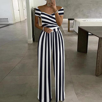 Women's Floral Jumpsuit - Off-Shoulder - Wrap Bust - Wide-Leg Elegant Fit