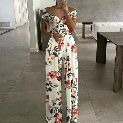 Women's Floral Jumpsuit - Off-Shoulder - Wrap Bust - Wide-Leg Elegant Fit