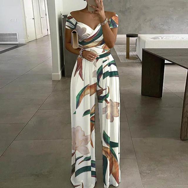 Women's Floral Jumpsuit - Off-Shoulder - Wrap Bust - Wide-Leg Elegant Fit