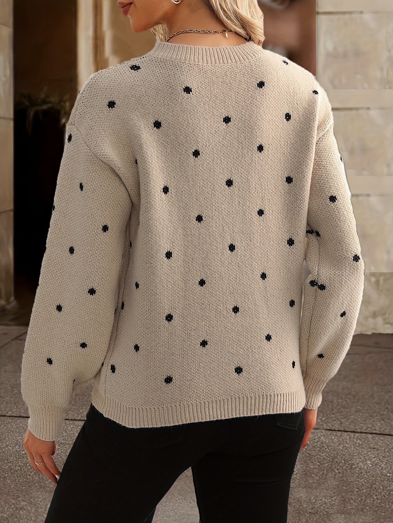 Women's Knitted Sweater - Crew Neck - Polka Dot Design - Long Sleeve Relaxed Fit