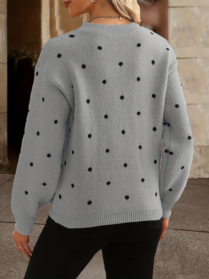 Women's Knitted Sweater - Crew Neck - Polka Dot Design - Long Sleeve Relaxed Fit