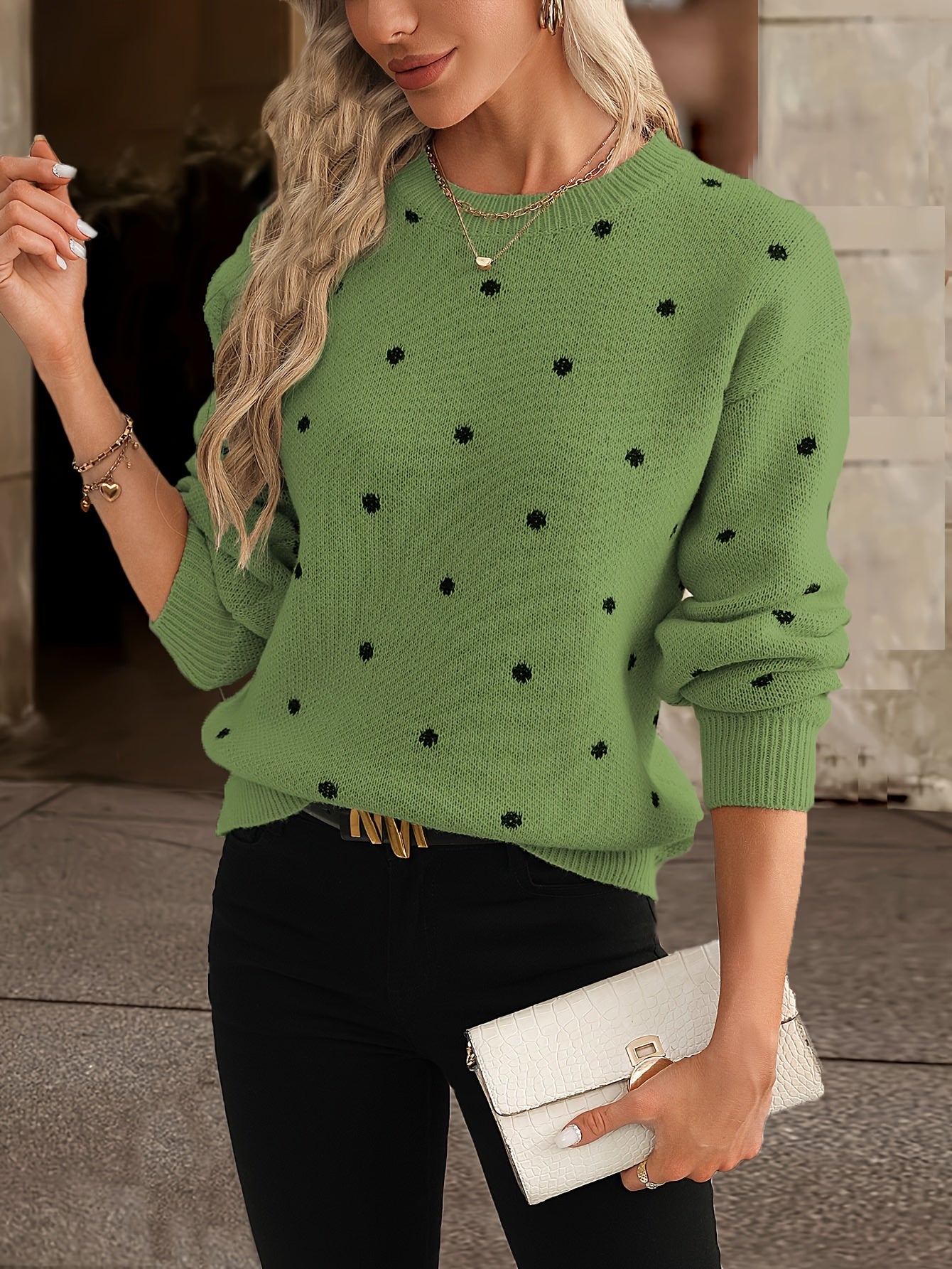 Women's Knitted Sweater - Crew Neck - Polka Dot Design - Long Sleeve Relaxed Fit